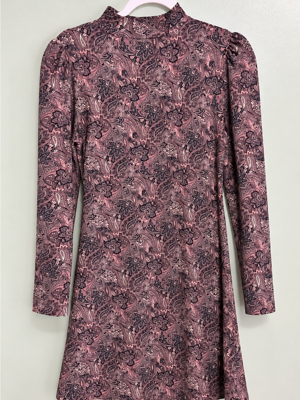 Long Sleeve High Neck Paisley Dress in Mauve Pink